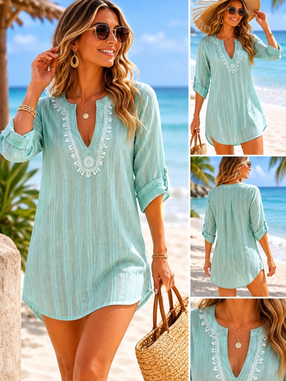 Carve Designs "NEW" Light Green Embroidered V-Neck Swim Tunic Cover Up Size S